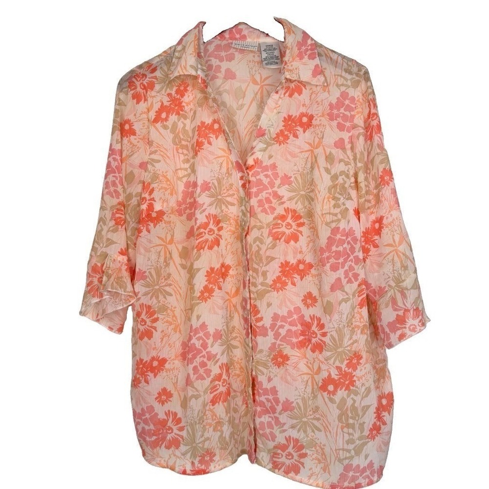 White Stag Floral Blouse Women 1X Orange 3/4 Sleeve Tropical Sheer Button Up VTG